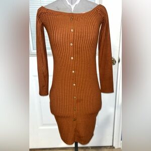 Derek Heart Ribbed Off-Shoulder Button-Front Dress - Rust Brown